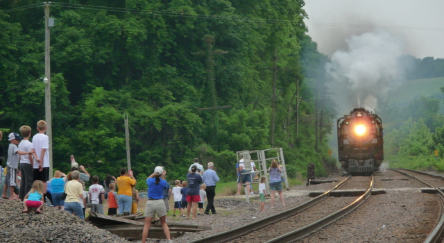 Vintage steam train pulling into Bonnots Mill