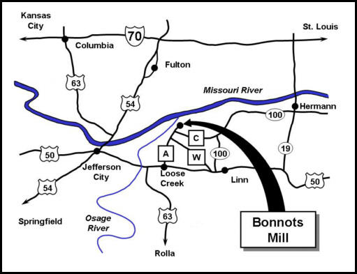 Map showing directions to Bonnots Mill